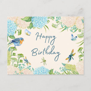 Cartão Postal Flores de Hortênsia de Aquarela de Aniversário