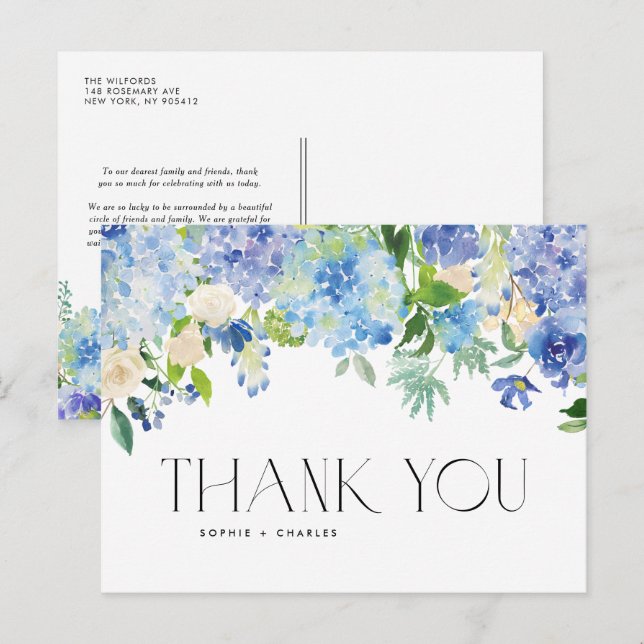 Cartão Postal Flores de Hydrangea Azul Moderno Casamento Obrigad (Frente/Verso)