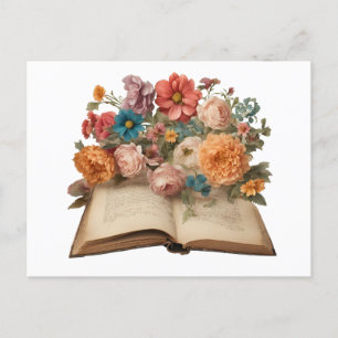 Cartão Postal Flores de Jardim e Livros Antigos Vintage