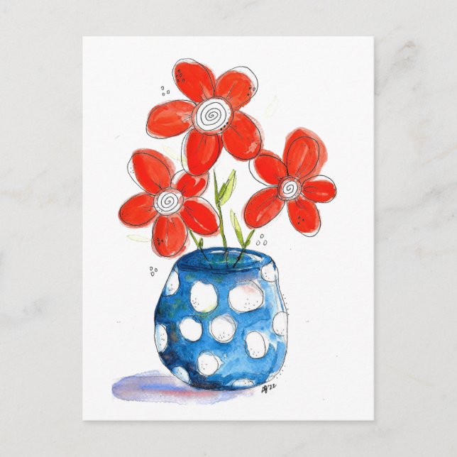 Cartão Postal Flores de Laranja Whimsical em Vaso Azul (Frente)