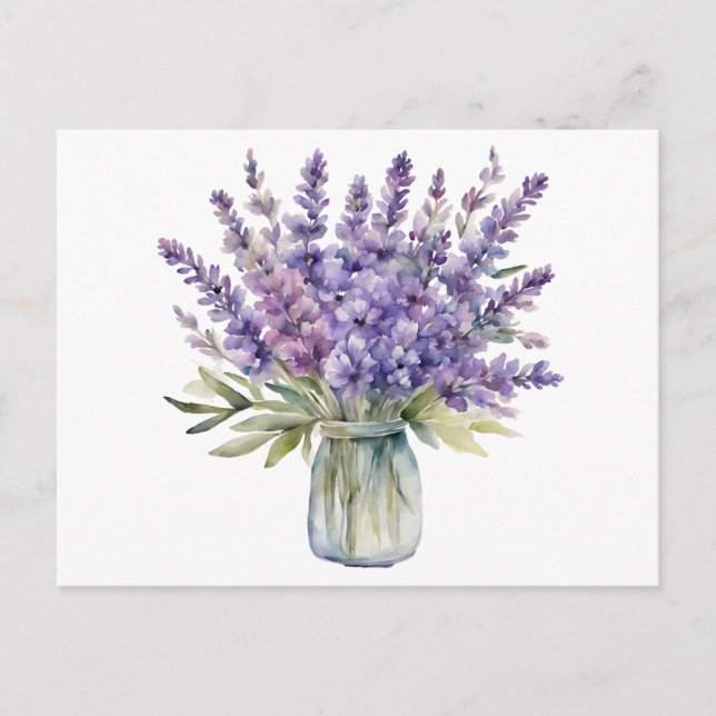 Cartão Postal Flores de Lavanda em um Pote Aquarela (Frente)