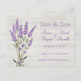 Cartão Postal Flores de lavanda roxa na madeira Salvar a Data