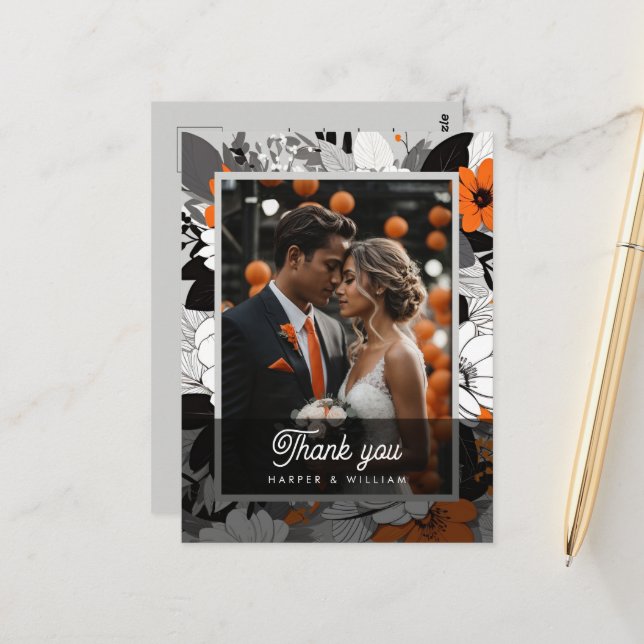 Cartão Postal Flores de linearte laranja obrigado de casamento (Frente/Verso In Situ)