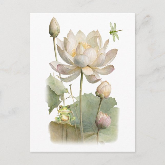 Cartão Postal Flores de Lótus em Aquarela, Sapo e Libélula (Frente)