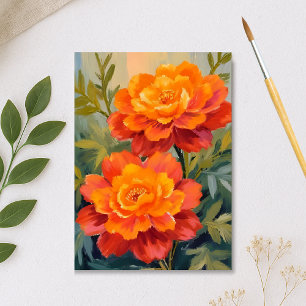 Cartão Postal Flores de Marigold Laranja Botânica Aquarela