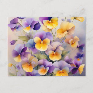 Cartão Postal Flores de Pansy Delicadas em Aquarela Suave