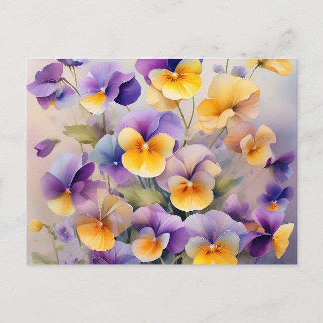 Cartão Postal Flores de Pansy Delicadas em Aquarela Suave (Frente)