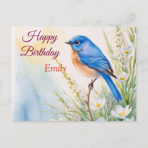 Cartão Postal Flores de Pássaro Azul Personalizadas Aquarela ani