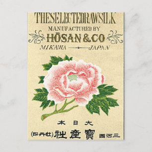 Cartão Postal Flores de Peônia Etiqueta de Seda Japonesa Vintage