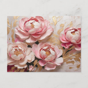 Cartão Postal Flores de Peônia Rosa e Dourado Abstratas