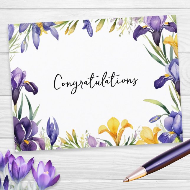 Cartão Postal Flores de Primavera Borda Floral Parabéns (A postcard with 'Congratulations' message and a border of Spring flowers in a watercolor style)