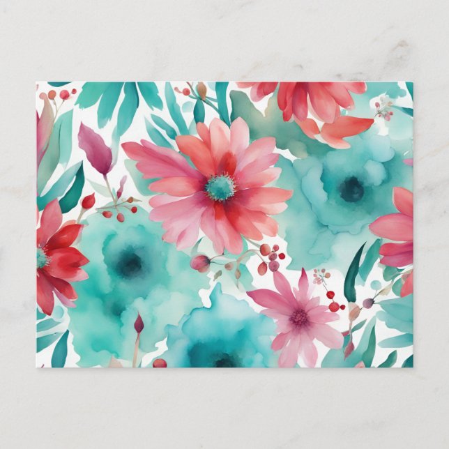 Cartão Postal Flores de primavera de aquarela azul turquesa verm (Frente)