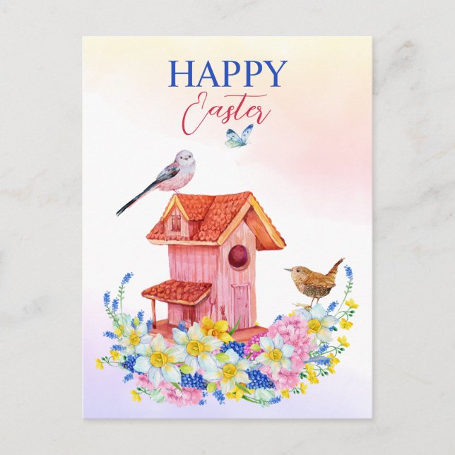 Cartão Postal Flores de primavera e felz pascoa de aves (Frente)