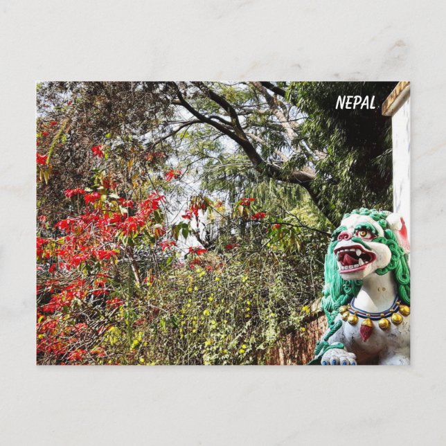 Cartão Postal Flores de primavera, guardiões do mosteiro - Nepal (Frente)
