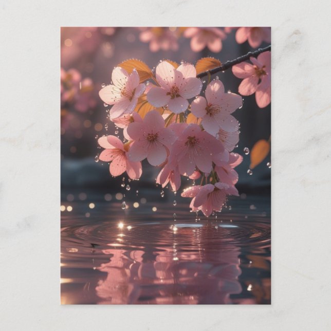 Cartão Postal Flores De Sakura Rosa Sobre Água | Serene Primaver (Frente)
