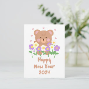 Cartão Postal Flores de Urso de Pelúcia Fofo Ano Novo 