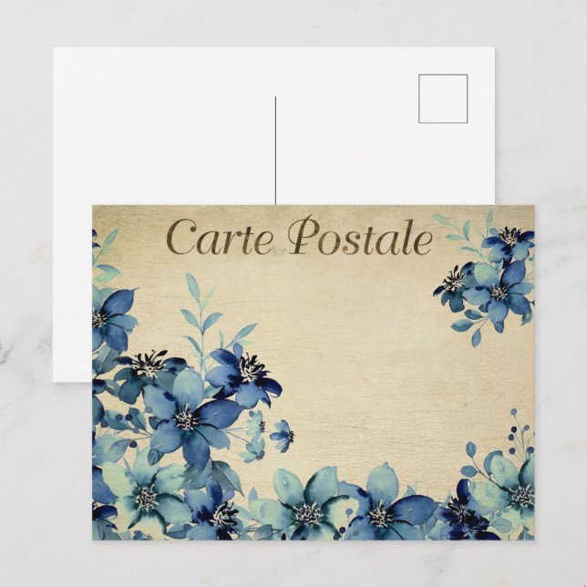 Cartão Postal Flores de Vintagem Azul (Frente/Verso)