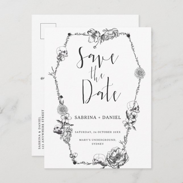 Cartão Postal Flores desenhadas na Mão Gótica Caveira Salvar a d (Frente/Verso)