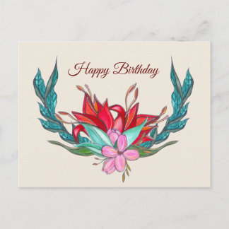 Cartão Postal Flores: Desenho de Aniversário Feliz por Aquarela