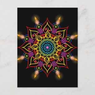 Cartão Postal Flores Diwali Rangoli com lâmpadas de óleo