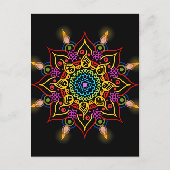 Cartão Postal Flores Diwali Rangoli com lâmpadas de óleo (Frente)
