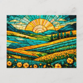 Cartão Postal Flores Douradas Campo Verde Vidro Manchado Falso