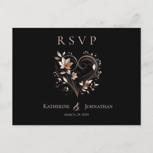 Cartão Postal Flores Douradas Rosa modernas e um Heart-RSVP-Wedd