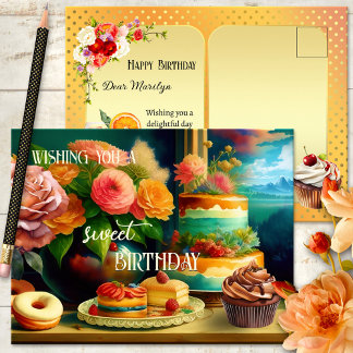Cartão Postal Flores e Bolo Aniversário Festivo
