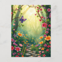 Flores e borboleta numa Floresta Tropical Encantad