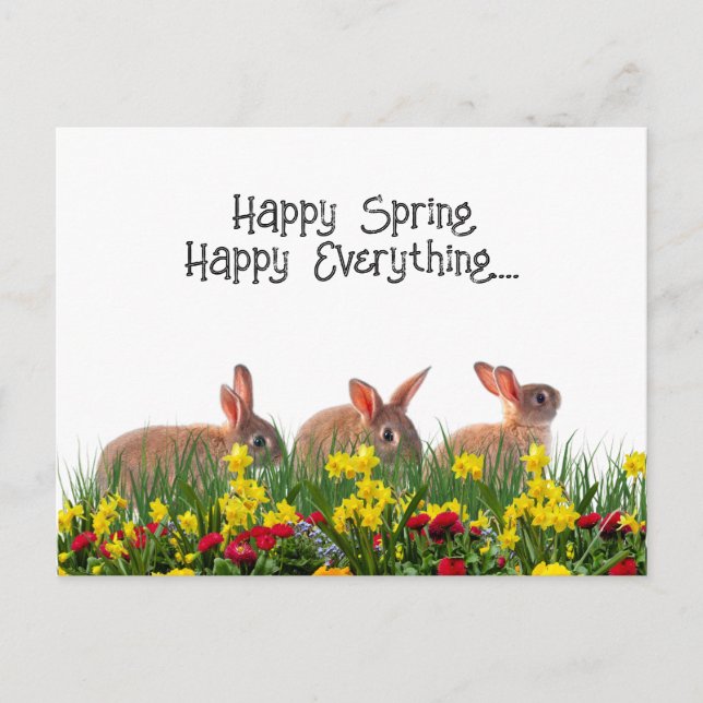 Cartão Postal Flores e Coelhos Felizes de Primavera (Frente)