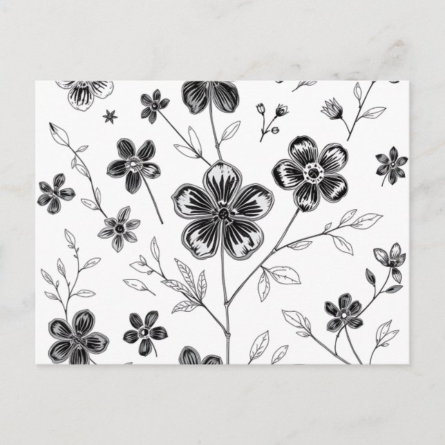 Cartão Postal Flores e Folhas de Linha Fina Delicada  (Frente)