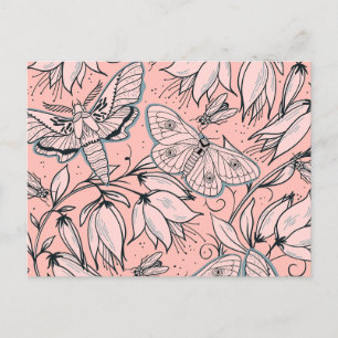 Cartão Postal Flores e Insetos cor-de-rosa abstrato