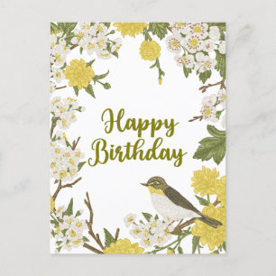 Cartão Postal Flores e Pássaro da Natureza Botânica de Aniversár