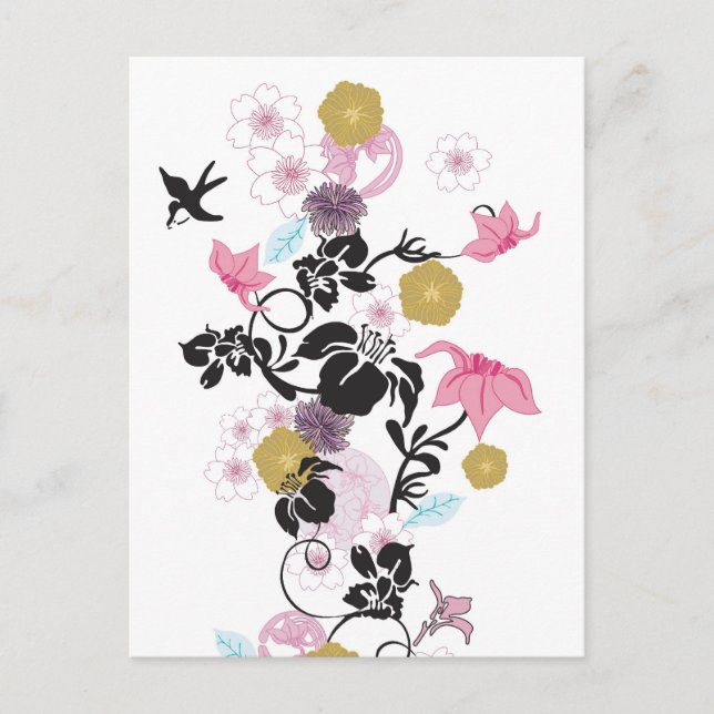 Cartão Postal Flores e pássaros japoneses (Frente)