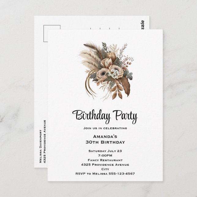 Cartão Postal Flores Elegantes, Folhagem e Festa de aniversário  (Frente/Verso)