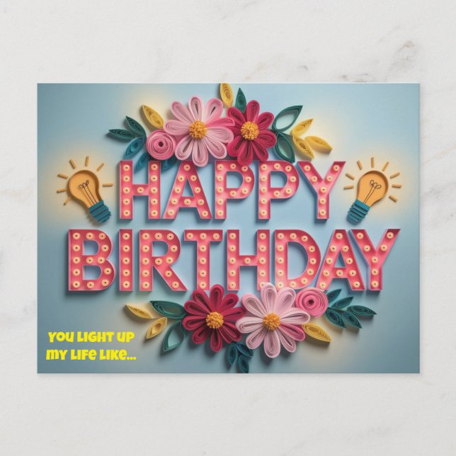 Cartão Postal flores feliz aniversário com luzes  (Frente)