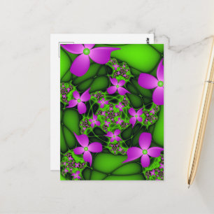 Cartão Postal Flores Fractais Abstratas Modernas Rosa Verde Neon