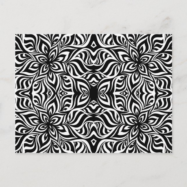 Cartão Postal Flores Fractais de Tinta Preta e Branca (Frente)