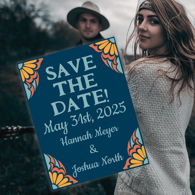 Cartão Postal Flores Laranja-Groovy em Azul Profundo Salvar-a-Da (Criador carregado)