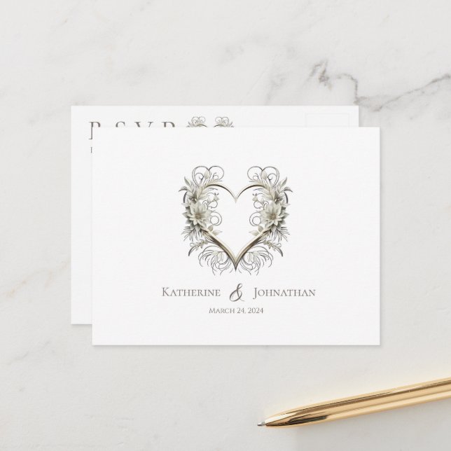 Cartão Postal Flores Modernas com Coração-RSVP-Casamento- (Frente/Verso In Situ)