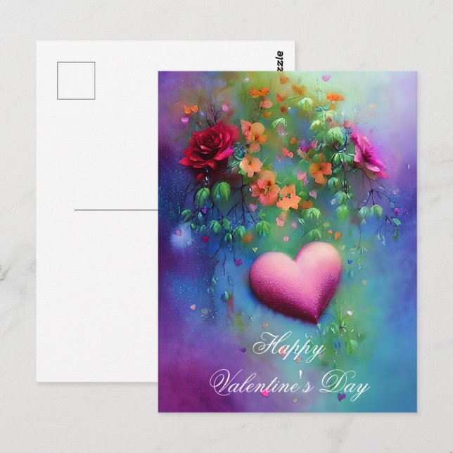 Cartão Postal Flores nebulosas e valentine coração (Frente/Verso)