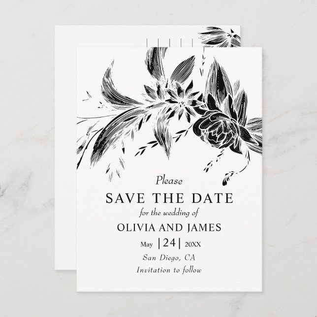 Cartão Postal Flores negras e brancas florais Salvem a data (Frente/Verso)