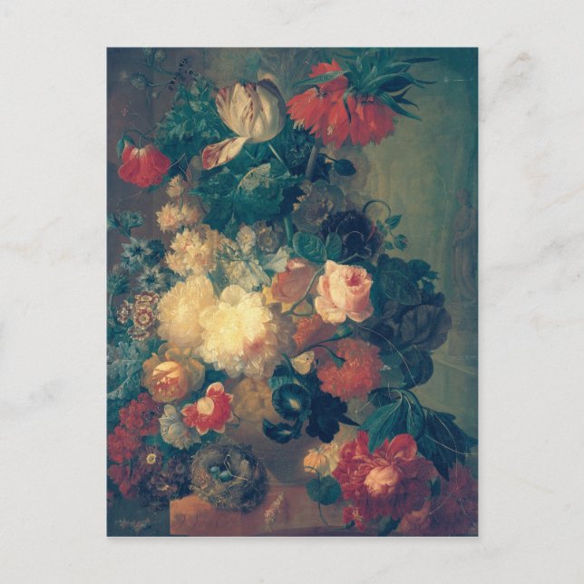 Cartão Postal Flores num vaso com um ninho de pássaro (Frente)