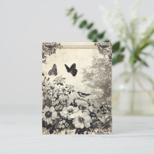Cartão Postal Flores, Pássaros e Borboletas em Papel Vencido (3)