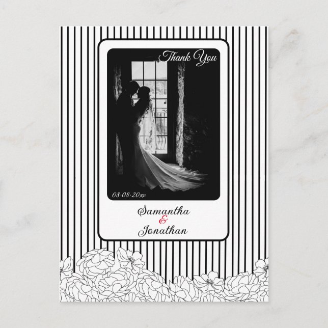 Cartão Postal Flores Pretas e Brancas com Strips Obrigado (Frente)