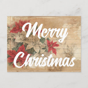 Cartão Postal Flores Retro de Poinsettia Grunge Feliz Natal
