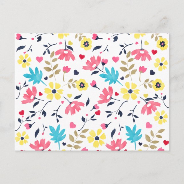 Cartão Postal Flores românticas bonitas corações de aquarela (Frente)