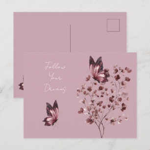 Cartão Postal Flores Rosa Borgonha Borboleta Sonhos