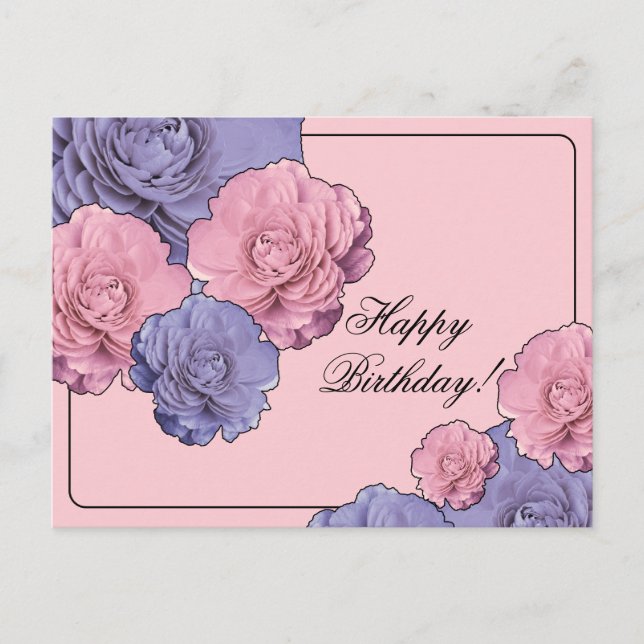 Cartão Postal Flores Rosa e Roxo Feliz Aniversário (Frente)
