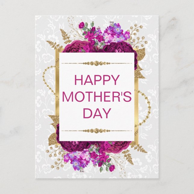 Cartão Postal Flores Rosa Escuro e Roxo Dia das Mães  (Frente)